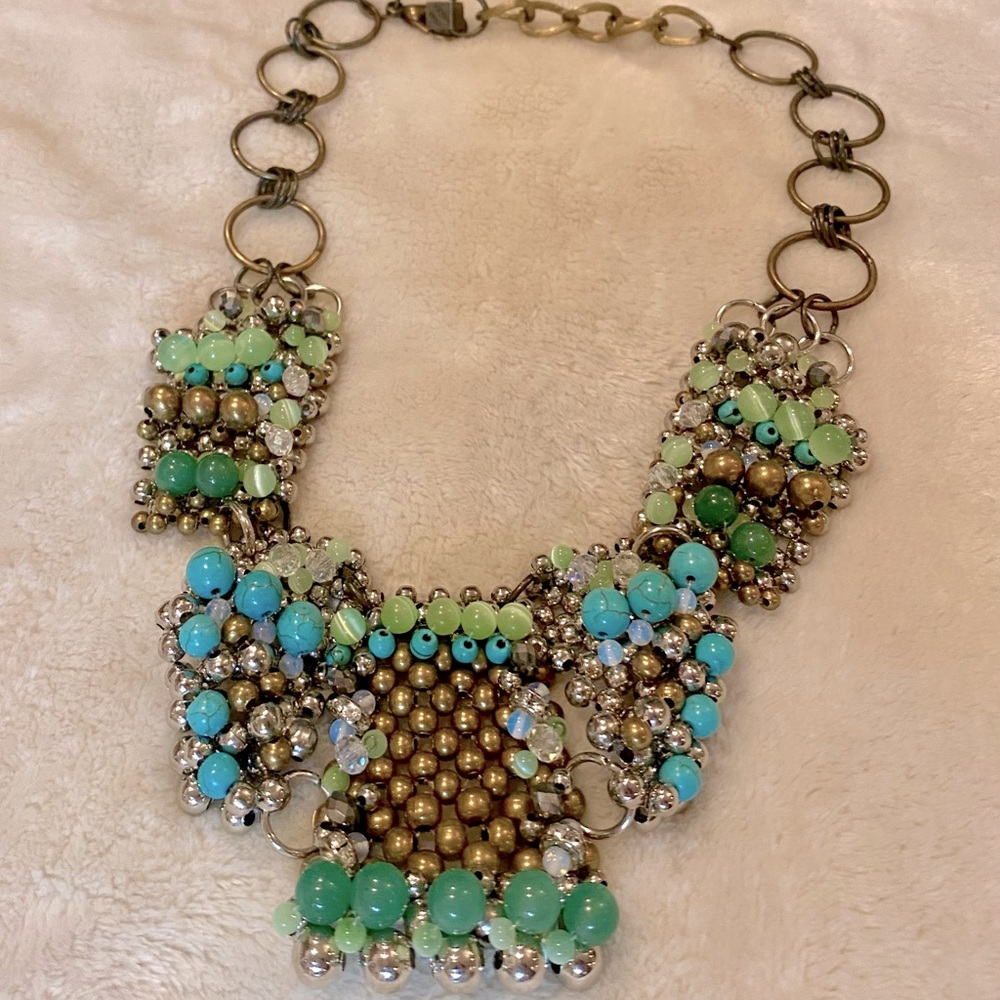 J Crew brass, turquoise and multi stone collar necklace
